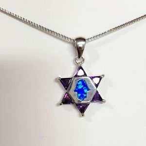 925 AMETHYST POINTS STAR π OF DAVID WITH OPAL HAMSA FATIMA HAND OF GOD